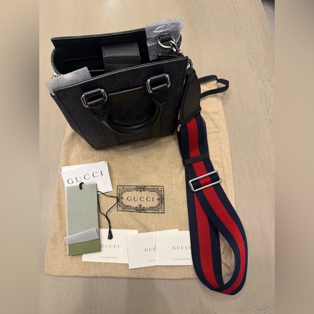NWT Gucci GG Supreme Monogram Appia Calfskin Web Mini Tote in Black
